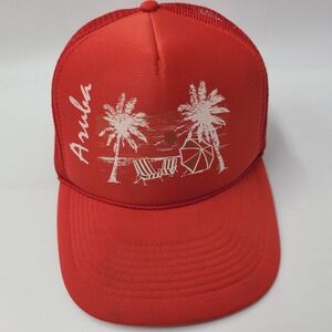 Vintage Aruba Hat Snapback Trucker Mesh Nissin Red Palm Trees Beach‎ Travel Men